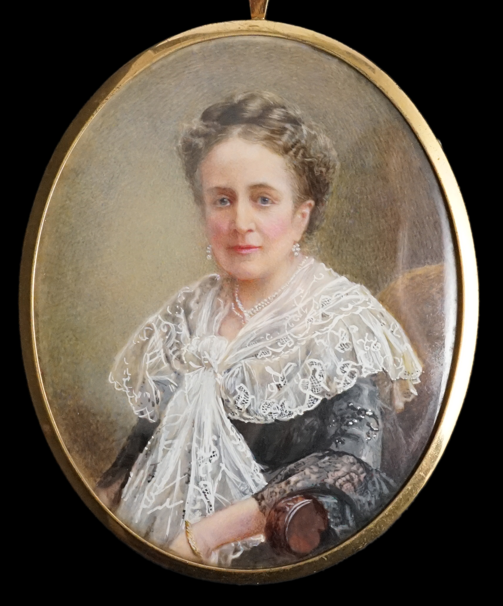 English School circa 1890 , Portrait miniatures of Lady Catherine Maria Arbuthnott and her daughter Josette Eliza Jane (Arbuthnot) Wollaston, watercolour on ivory, 8.5 x 7cm. CITES Submission reference K8681T3D